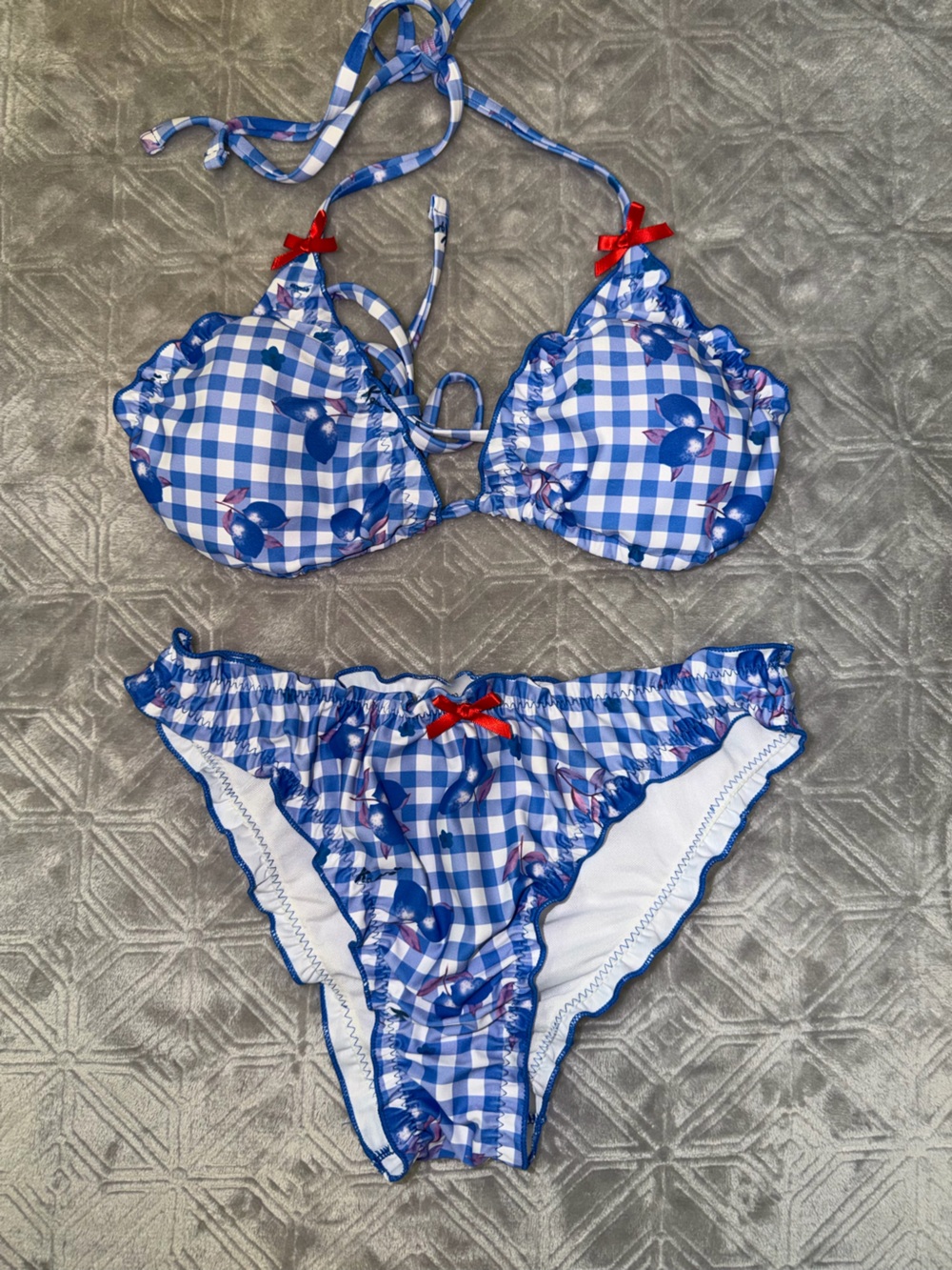SHEIN Blue White Gingham Floral Ruffle Bikini Set